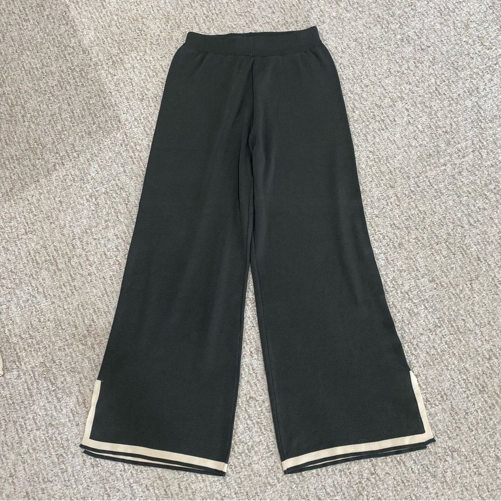 No Brand Minimal Boho Chic Elastic Waist Accent Trim Wide Leg Casual Cozy Pants